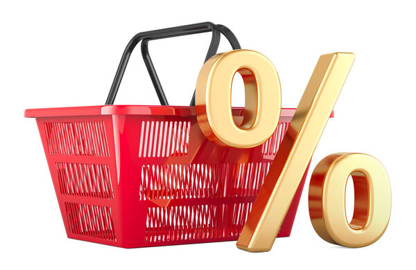 Shopping basket with percent symbol. Discount concept, 3D rendering isolated on white background