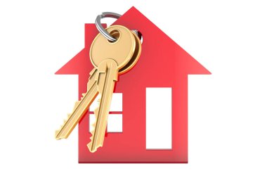 Ev Anahtarlığı Ev Şeklinde Anahtarlık, 3 boyutlu görüntüleme beyaz arkaplanda izole edildi