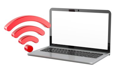 Beyaz ekran ve Wi-Fi sembollü dizüstü bilgisayar, beyaz arkaplanda 3 boyutlu görüntüleme