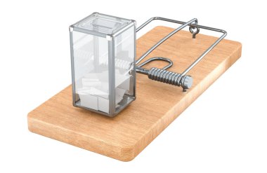 İçinde oy sandığı olan bir fare kapanı. Beyaz arkaplanda 3B görüntüleme izole edildi