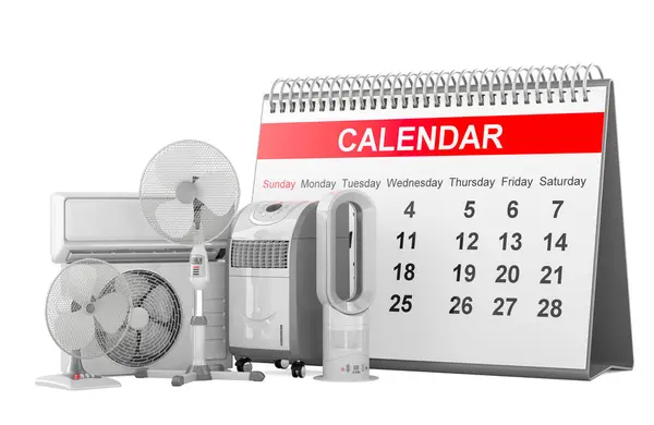 stock image Cooling system and climate control equipment with desk calendar, 3D rendering isolated on white background