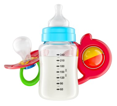 Bebek çıngırağı ve bebek emziği olan bebek şişesi, beyaz arka planda 3 boyutlu görüntüleme