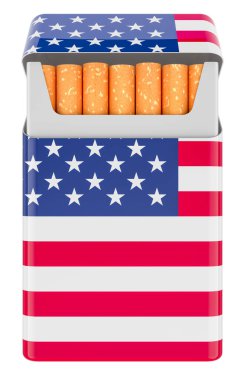 Amerikan bayrağıyla bir paket sigara. Beyaz arkaplanda 3B görüntüleme izole edildi