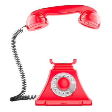 Kaldırılmış ahizesi olan kırmızı bir telefon. Beyaz arkaplanda 3B görüntüleme izole edildi