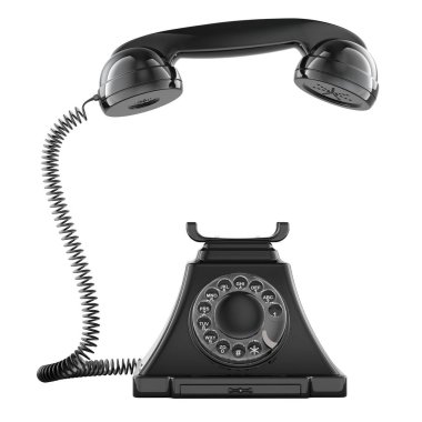 Telsiz ahizesi kaldırılmış eski bir telefon. Beyaz arkaplanda 3B görüntüleme izole edildi