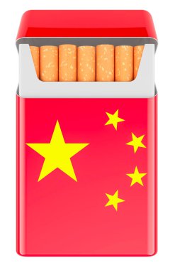 İçinde Çin Bayrağı olan bir paket sigara. Beyaz arkaplanda 3B görüntüleme izole edildi
