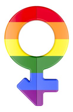 Kadın ve erkek cinsiyet sembolleri gökkuşağı renginde. Transseksüel, kavram. Beyaz arkaplanda 3B görüntüleme izole edildi 