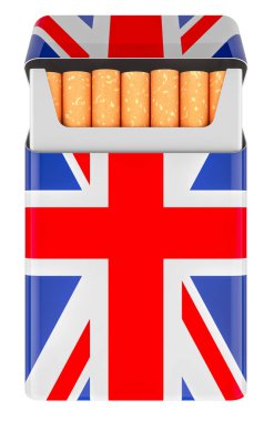 İngiliz Bayrağıyla bir paket sigara. Beyaz arkaplanda 3B görüntüleme izole edildi