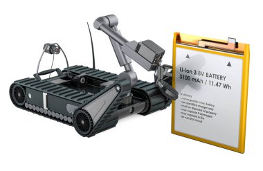 Cep telefonu pilli bomba imha robotu, 3 boyutlu görüntüleme beyaz arka planda izole edildi