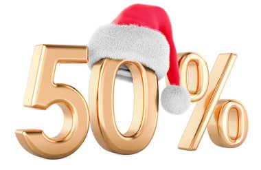 Noel Baba 'nın Noel şapkasıyla yüzde 50. Noel Satışı ve İndirim konsepti. Beyaz arkaplanda 3B görüntüleme izole edildi