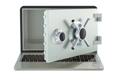 Ekran yerine güvenli kutulu dizüstü bilgisayar, dijital güvenlik konsepti, beyaz arka planda izole edilmiş 3D görüntü