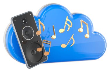 Cloud Online Music, konsept. Hoparlörlü ve notlu bulut hesaplama ve akıllı telefon, beyaz arkaplanda 3 boyutlu görüntüleme