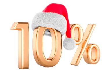 Noel Baba 'nın Noel şapkasıyla yüzde 10. Noel Satışı ve İndirim konsepti. Beyaz arkaplanda 3B görüntüleme izole edildi