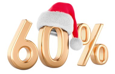 Noel Baba 'nın Noel şapkasıyla yüzde 60. Noel Satışı ve İndirim konsepti. Beyaz arkaplanda 3B görüntüleme izole edildi