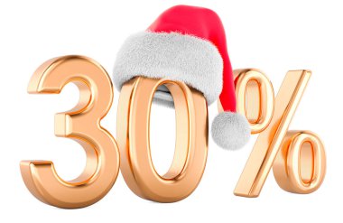 Noel Baba 'nın Noel şapkasıyla yüzde 30. Noel Satışı ve İndirim konsepti. Beyaz arkaplanda 3B görüntüleme izole edildi