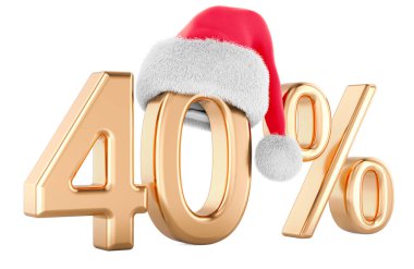 Noel Baba 'nın Noel şapkasıyla yüzde 40. Noel Satışı ve İndirim konsepti. Beyaz arkaplanda 3B görüntüleme izole edildi