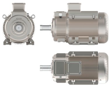 Endüstriyel elektrikli motor. Ön, yan, arka manzara. Beyaz arkaplanda 3B görüntüleme izole edildi