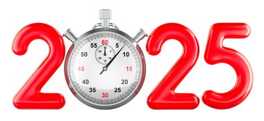 Kırmızı 2025 kronometreyle, 3 boyutlu görüntüleme beyaz arkaplanda izole edildi