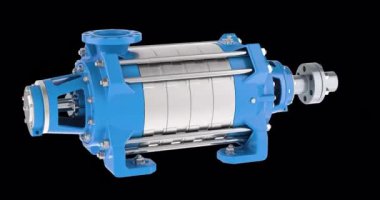 Yatay çok aşamalı santrifüj pompası, döndürme animasyonu, kusursuz döngü. Şeffaf arkaplanda 3B görüntüleme izole edildi