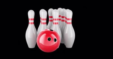 Bowling topu ve Skittles dönüşlü animasyon, kusursuz döngü. Şeffaf arkaplanda 3B görüntüleme izole edildi