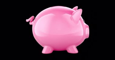 Piggy Bank dönüşlü animasyon, kusursuz döngü. Şeffaf arkaplanda 3B görüntüleme izole edildi