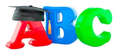 ABC renkli harfler, eğitim şapkası, 3 boyutlu görüntüleme beyaz arka planda izole edilmiş.