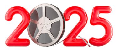2025 sinema konsepti, 3 boyutlu görüntüleme beyaz arka planda izole edildi