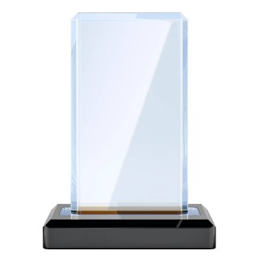 Dikdörtgen şekilli kristal ödül, cam ödül kupası, maket. Beyaz arkaplanda 3B görüntüleme izole edildi 