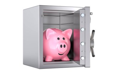 Kumbara içinde beyaz arka plan üzerinde izole 3d render ile güvenlik Kasası