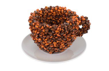 Kavrulmuş kahve çekirdeklerinden kahve, beyaz arka planda 3 boyutlu görüntüleme.