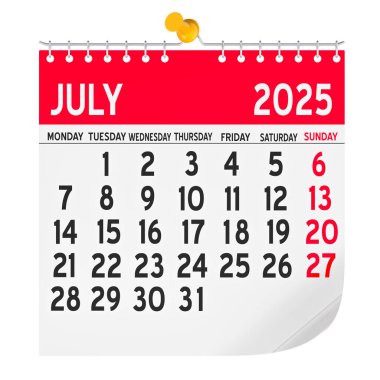 July 2025 Monthly Wall Calendar, 3D rendering isolated on white background clipart