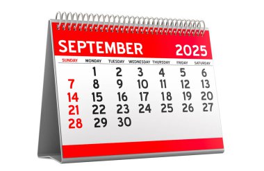 Eylül 2025 Masa Takvimi, beyaz arkaplanda 3D görüntüleme