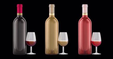 Kırmızı, beyaz ve gül şarap şişeleri ve şarap döndürme animasyonuyla dolu kadehler, kusursuz bir şekilde çevrilebilir. Şeffaf arkaplanda 3B görüntüleme izole edildi