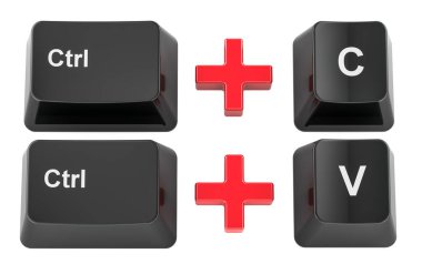 Ctrl C ve Ctrl V bilgisayar klavye tuşları. Klavye kısayolları, beyaz arkaplanda 3D görüntüleme