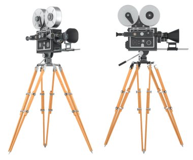 Retro film kamerası, yan ve ön görüntüler. Beyaz arkaplanda 3B görüntüleme izole edildi