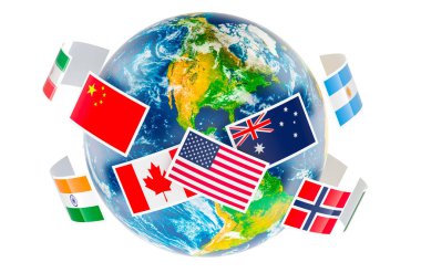 Flags around the Earth Globe. International global communication, concept. 3D rendering isolated on white background clipart