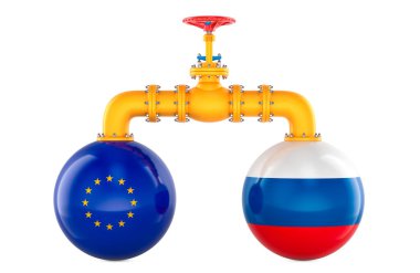 Rusya-AB doğal gaz taşımacılığı, konsept. Beyaz arkaplanda 3B görüntüleme izole edildi