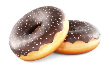 İki çikolatalı çörek, beyaz arka planda 3 boyutlu görüntüleme.