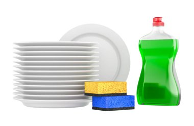 Dishwashing detergent, sponges and stack of clean plates, 3D rendering isolated on white background clipart