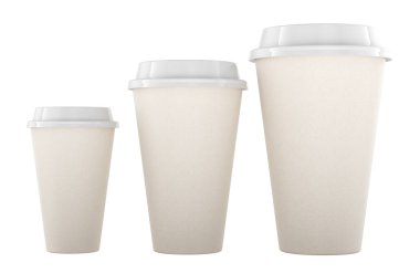 Tek kullanımlık kapaklı bardaklar. Küçük, orta ve büyük. Beyaz arkaplanda 3B görüntüleme izole edildi