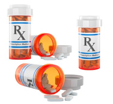 İçinde uyuşturucu olan ilaç şişeleri ve ilaç şişesinden dökülen. Beyaz arkaplanda 3B görüntüleme izole edildi