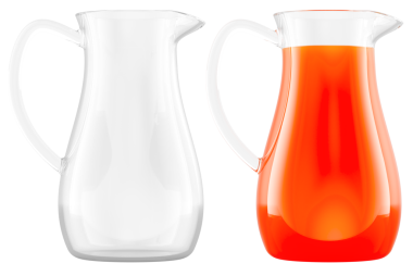 Boş Bardak İçeceği Sürahi Clear ve bir sürahi meyve suyu, portakal suyu ile cam sürahi. Şeffaf arkaplanda 3B görüntüleme izole edildi