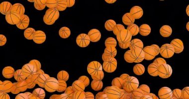 Basketbol topları düşüyor ve ekranı dolduruyor. Şeffaf arkaplanda 3B canlandırma