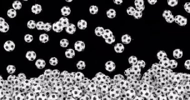 Futbol topları düşüyor ve ekranı dolduruyor. Şeffaf arkaplanda 3B canlandırma