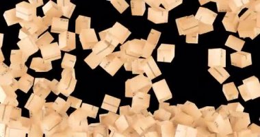 Paketler, karton kutular düşüyor ve ekranı dolduruyor. Şeffaf arkaplanda 3B canlandırma