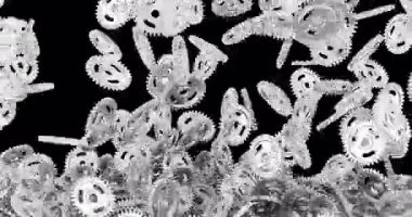 Gümüş dişliler, metal dişliler düşüyor ve ekranı dolduruyor. Şeffaf arkaplanda 3B canlandırma