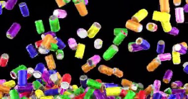 Renkli içki kutuları düşüyor ve ekranı dolduruyor. Şeffaf arkaplanda 3B canlandırma