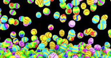 Renkli Paskalya Yumurtaları düşüyor ve ekranı dolduruyor. Şeffaf arkaplanda 3B canlandırma