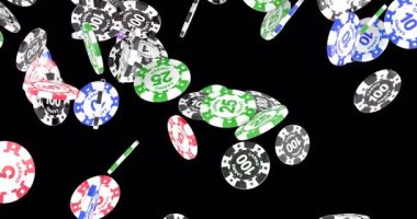 Kumarhane jetonları, poker fişleri düşüyor. Şeffaf arkaplanda 3B canlandırma