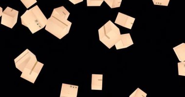 Paketler, karton kutular düşüyor. Şeffaf arkaplanda 3B canlandırma